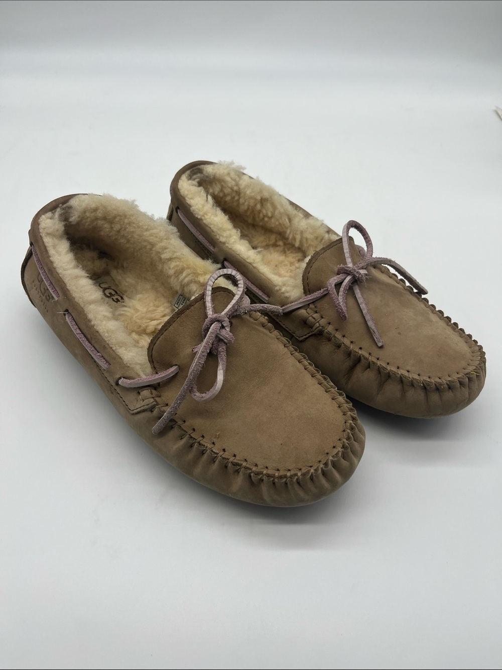 UGG Taupe Suede Moccasin Slippers with Shearling Lining